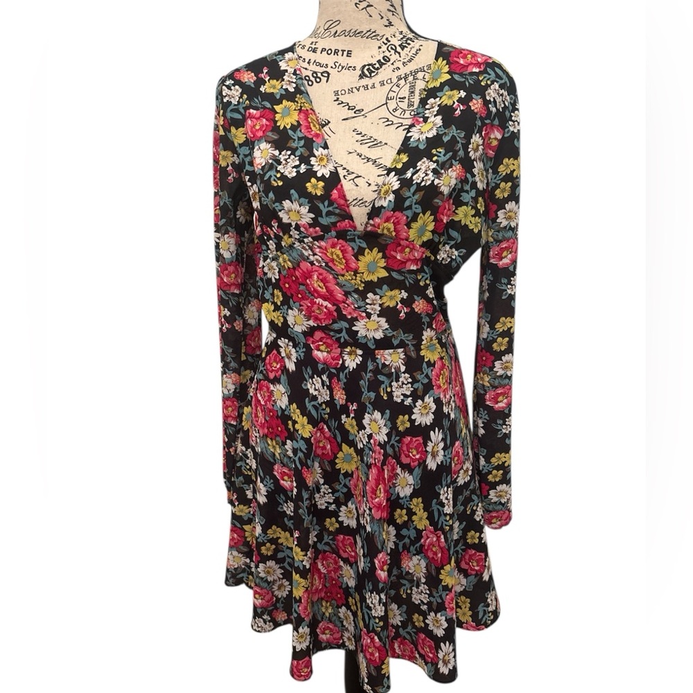 Red and Yellow Tiered Wrap Dress with Long Sleeves